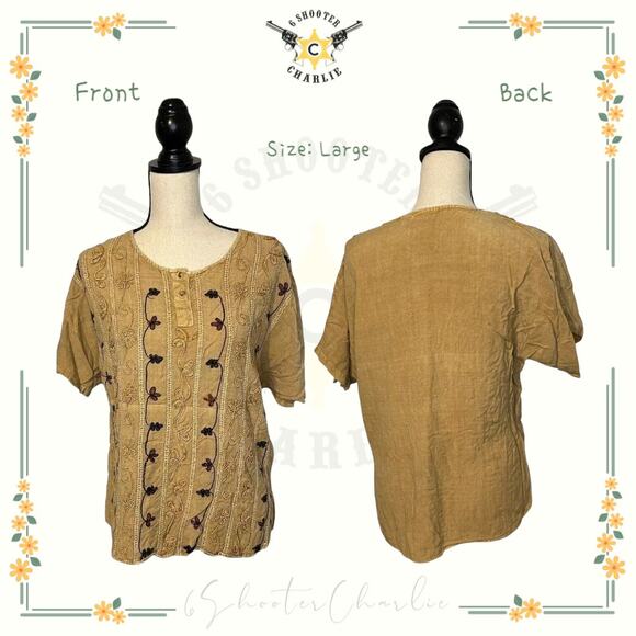 Kaktus Button Up Top Womans Large Floral Appliqué Beige 3/4 Sleeve Causal Top - Picture 1 of 6